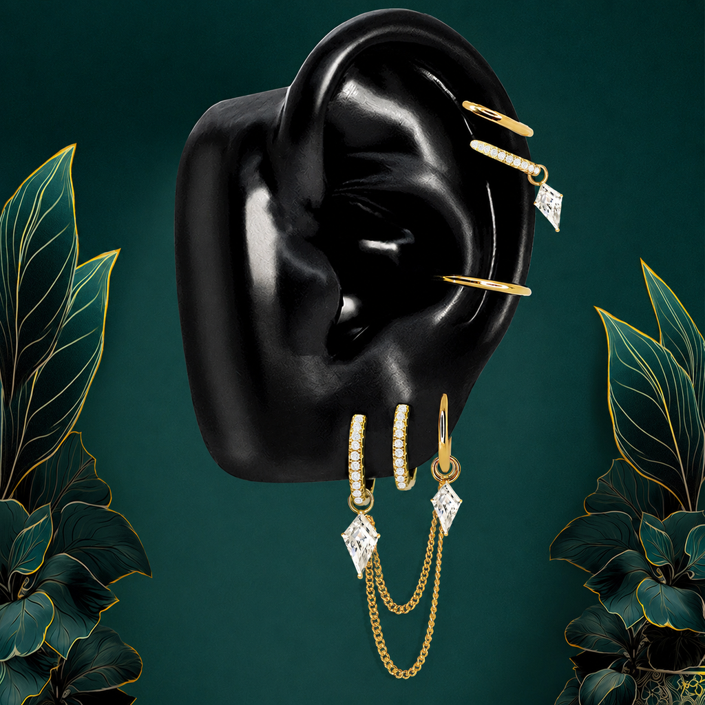 IMBER Elysian Kite earring stack in gold titanium with chains and kite drops on display