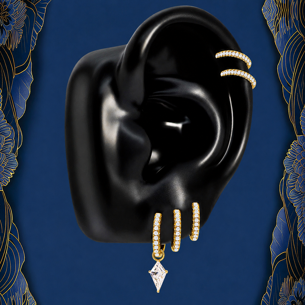 IMBER Vale hoop earring stack in gold titanium with a kite-cut drop, on ear display