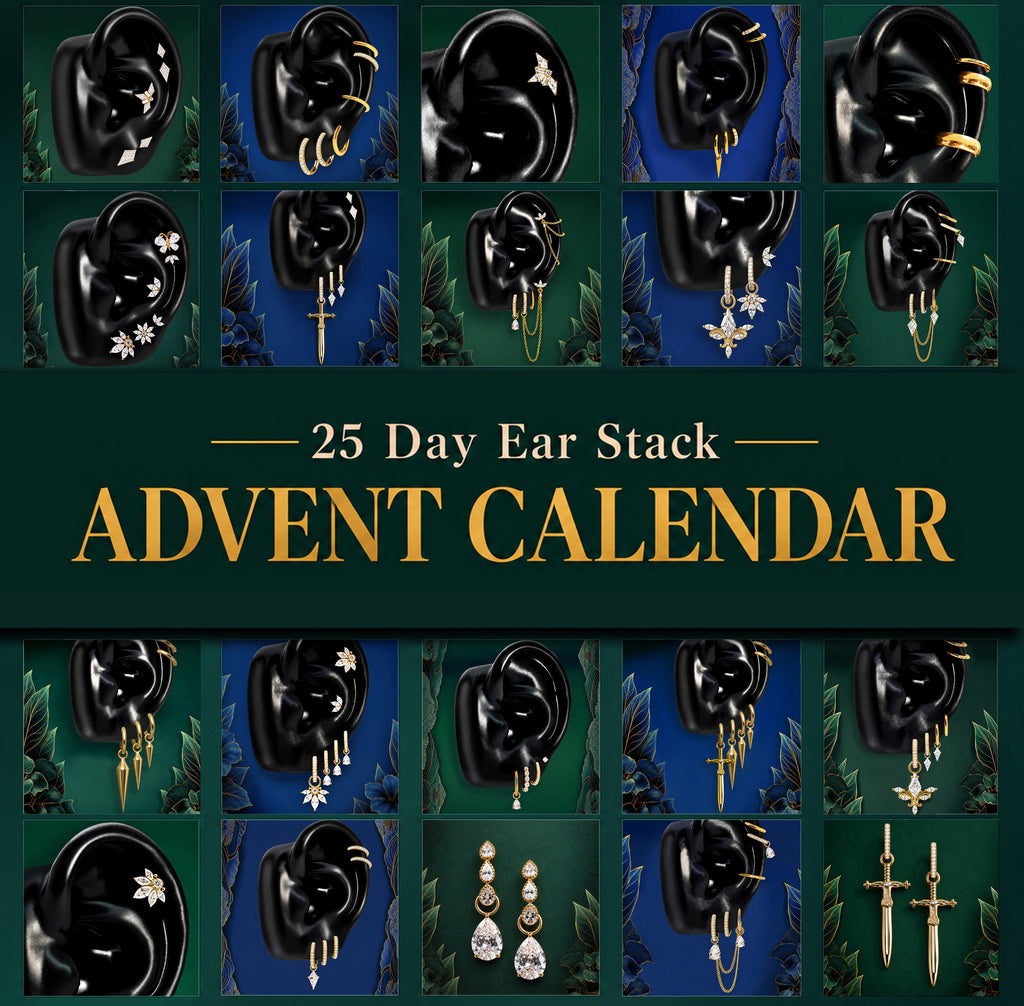 IMBER 25 Day Ear Stack Advent Calendar cover graphic with gold earrings