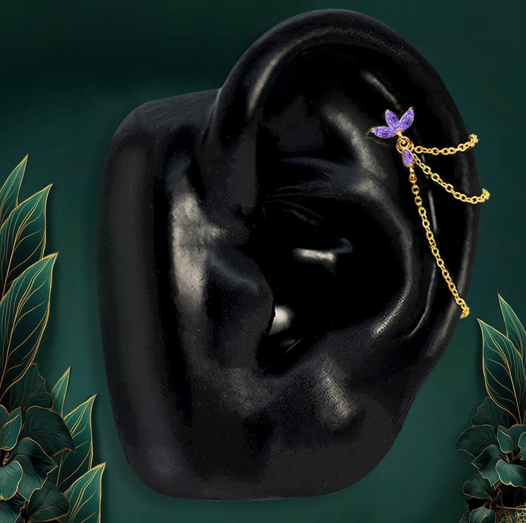 Dainty floral flatback stud with triple chains