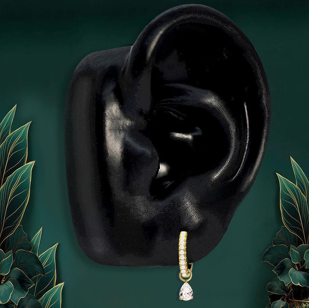 Gold dangle earrings for women with sparkling white gemstone