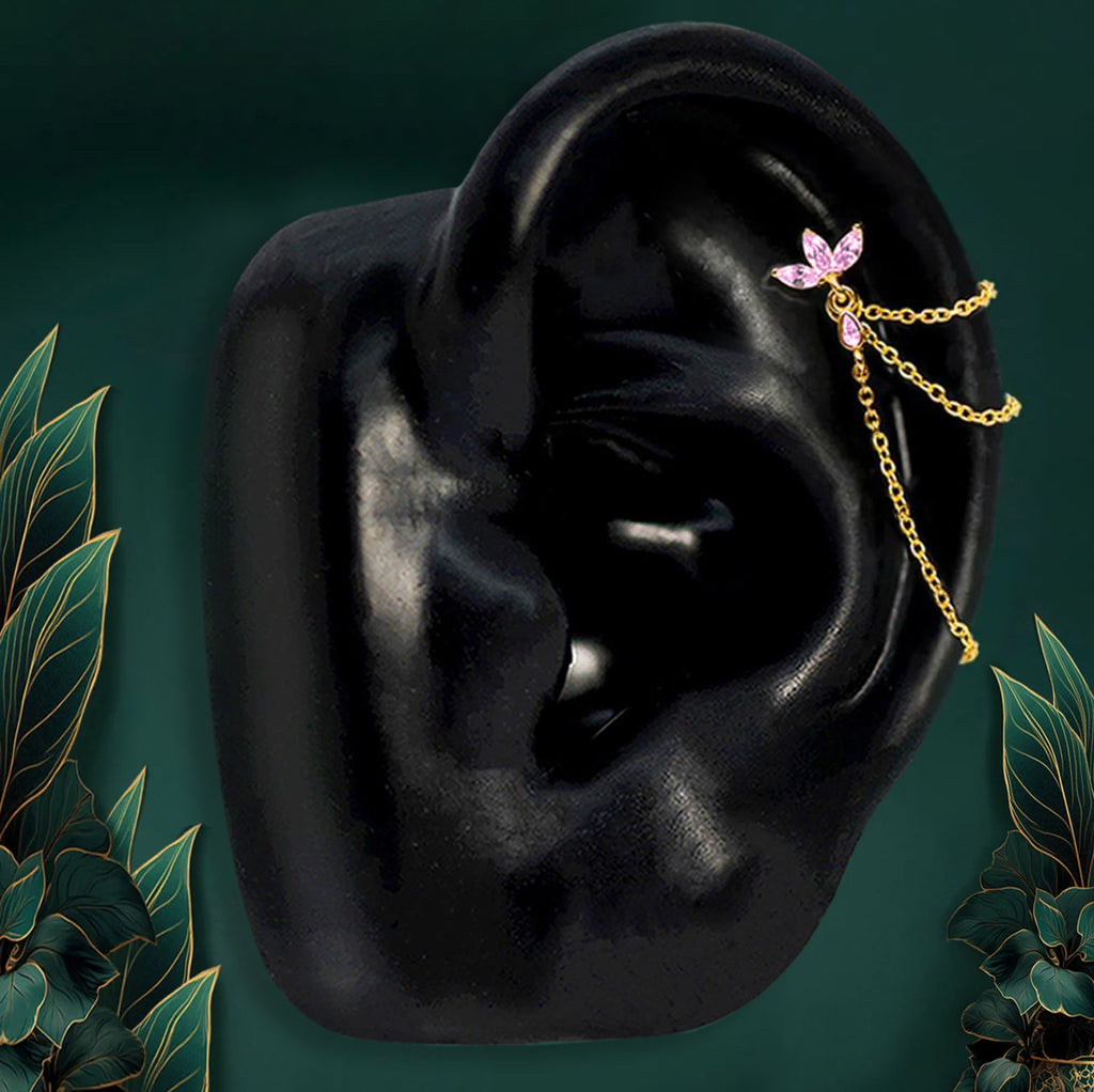 Gold and pink gemstone helix ear stud earrings with triple chain drop detail