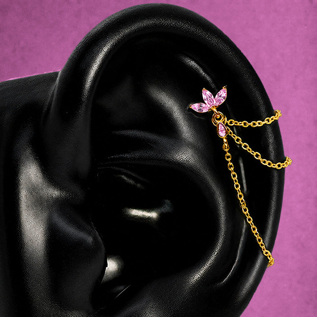 IMBER Eternal pink and gold waterproof floral helix earring with marquise-cut pink stones, flat back stud closure, and draping chain details for a curated ear stack.
