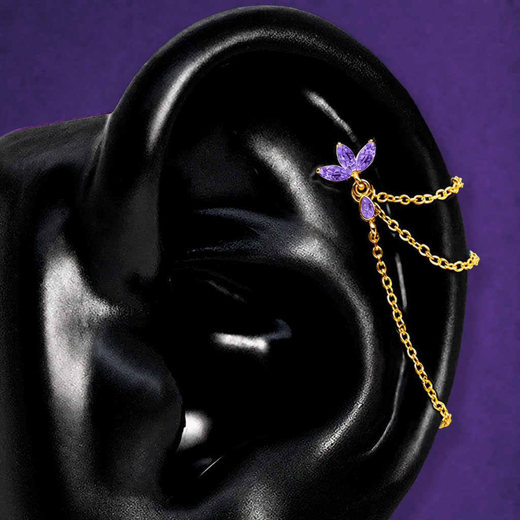 IMBER Eternal purple and gold waterproof floral helix earring with marquise-cut purple stones, flat back stud closure, and draping chain details for a curated ear stack.
