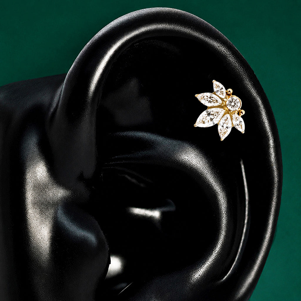IMBER Reverence gold waterproof sterling silver floral flat back stud with crystal petal details for helix, flat, bridal, or curated ear stack piercings