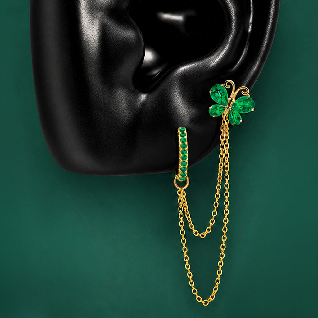 IMBER Metamorphosis Double Piercing Green in gold sterling silver with green butterfly, on display