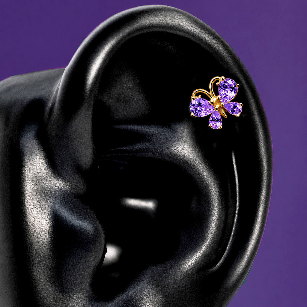 IMBER Metamorphosis Helix/Conch Purple butterfly stud in gold with purple stones, on ear display