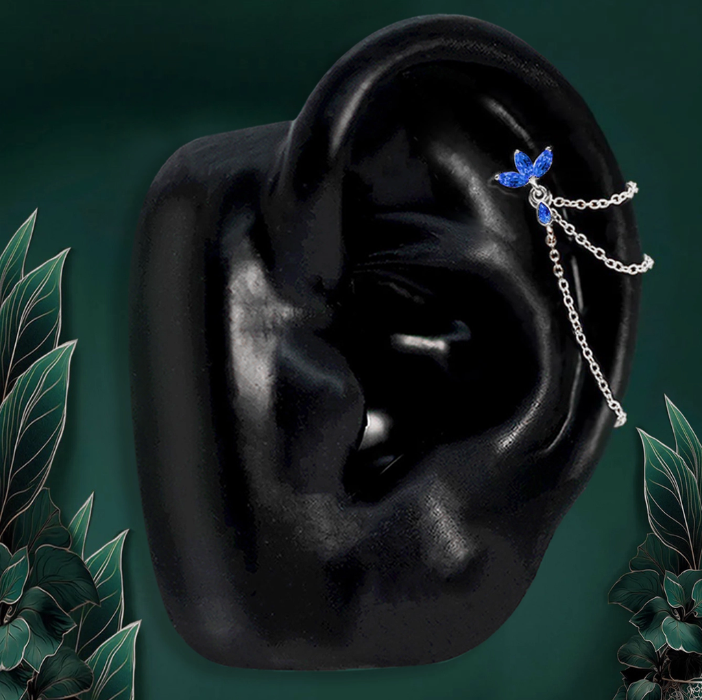 Silver blue gem helix earring with floral stud and triple chains